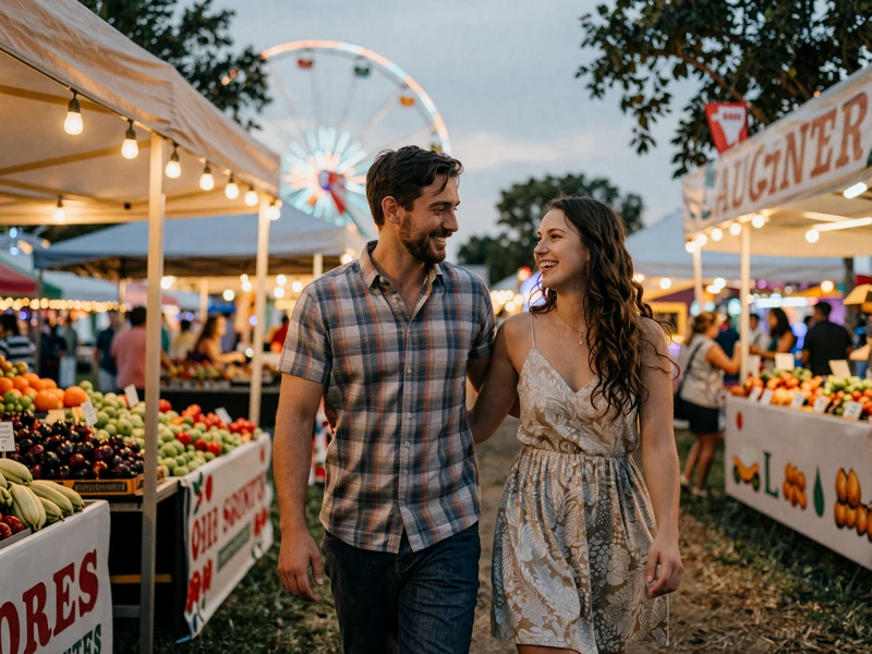 Happy couple enjoying an Ohio county fair together walking through agricultural exhibits on a warm summer evening