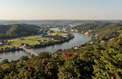 Chattanooga Tennessee with the Tennessee River winding through green valleys and farmland from Lookout Mountain viewpoint