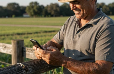 Farmer browsing a dating app on his smartphone while leaning on a fence post in a green pasture