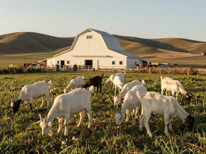 Serene American goat farm with a flock grazing in green pasture beside a white barn at golden hour