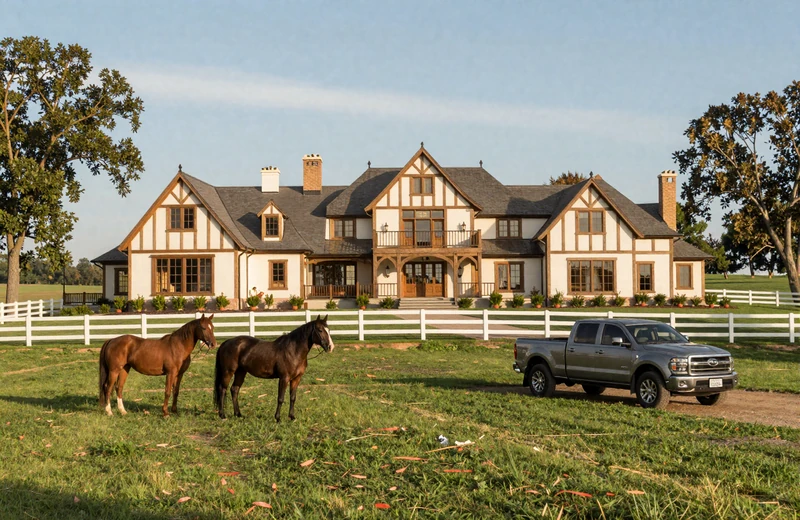 Prosperous millionaire farmer ranch estate with timber-frame house and horse paddock