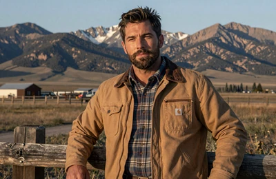 Cody a 44-year-old Montana rancher leaning against a fence post with mountain landscape behind him