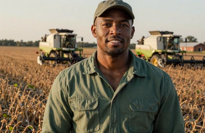 Marcus, 37, West Tennessee soybean farmer from Jackson smiling in a golden soybean field at harvest on Yougotmatched