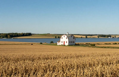 Minnesota farmland with golden soybean fields and a white farmhouse near a lake bordering Wisconsin