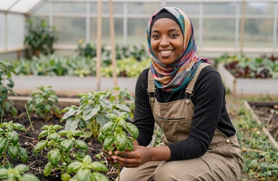 Amina a 32-year-old Somali American organic farmer in her vegetable garden wearing a colorful hijab