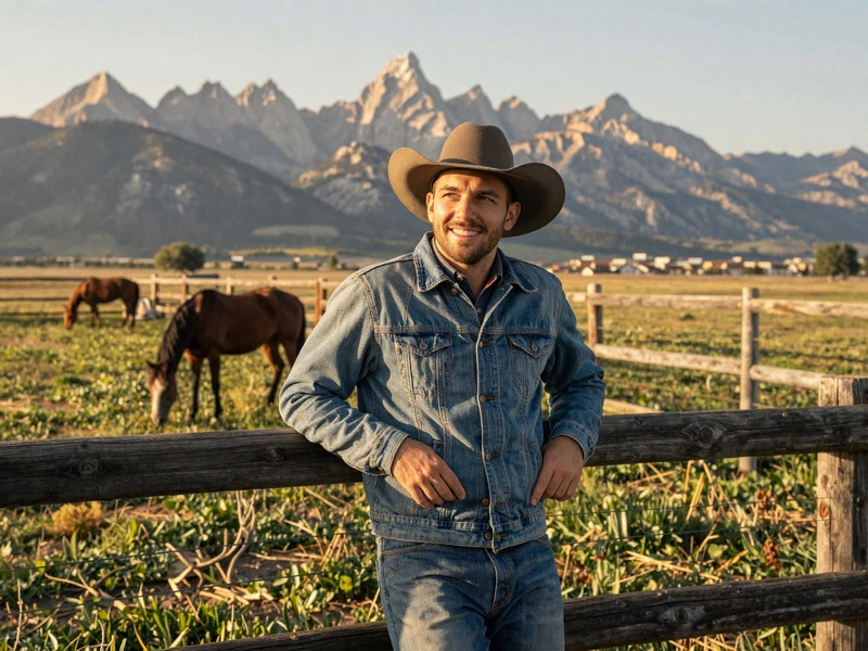 Montana rancher in cowboy hat leaning on a wooden corral fence with horses and Rocky Mountains in the background at golden hour