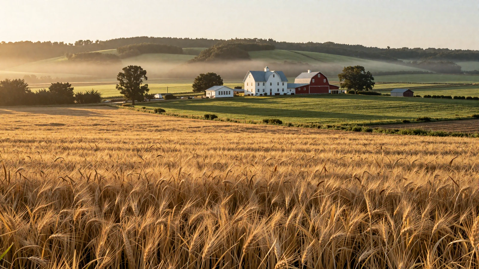 Peaceful American farmland at sunrise with golden wheat fields and a white farmhouse surrounded by green pastures