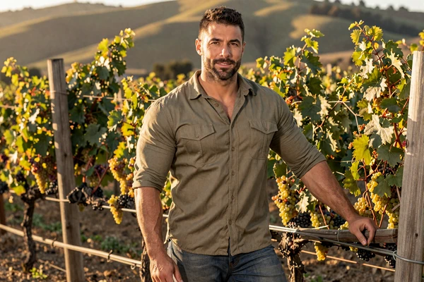 Avi a 41-year-old Jewish-American vintner standing in his Sonoma County vineyard with ripe grape clusters at golden hour