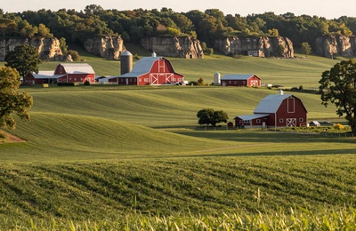 Rochester Minnesota area with rolling dairy farmland green pastures and bluffs of the southeast driftless region