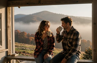 Farmer couple on an Appalachian farmhouse porch at sunrise with misty mountain ridges behind them