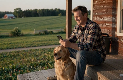 Farmer smiling at his phone on a Minnesota farmhouse porch with a golden retriever at his feet and green farmland beyond