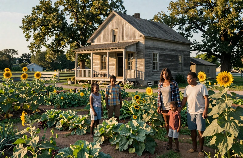 Heritage Black family farm in the rural South with vegetable garden and sunflowers