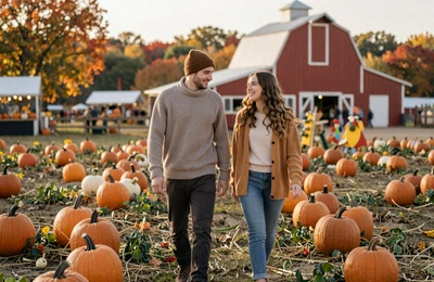 Couple walking through a Minnesota pumpkin patch at a county fair with colorful fall leaves and a red barn behind them